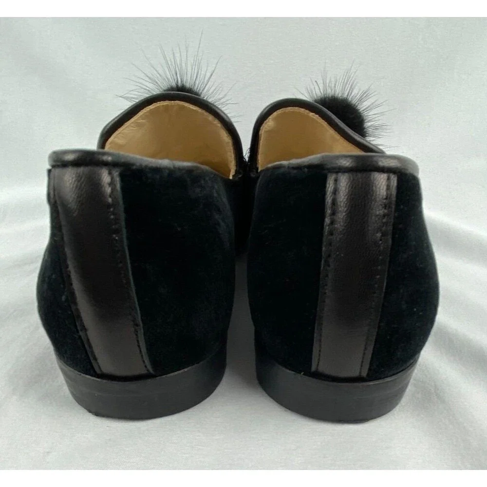 JON JOSEF Blair Loafers Women 6M Black Velvet Rabbit Fur Pom Spain Blair Waldorf